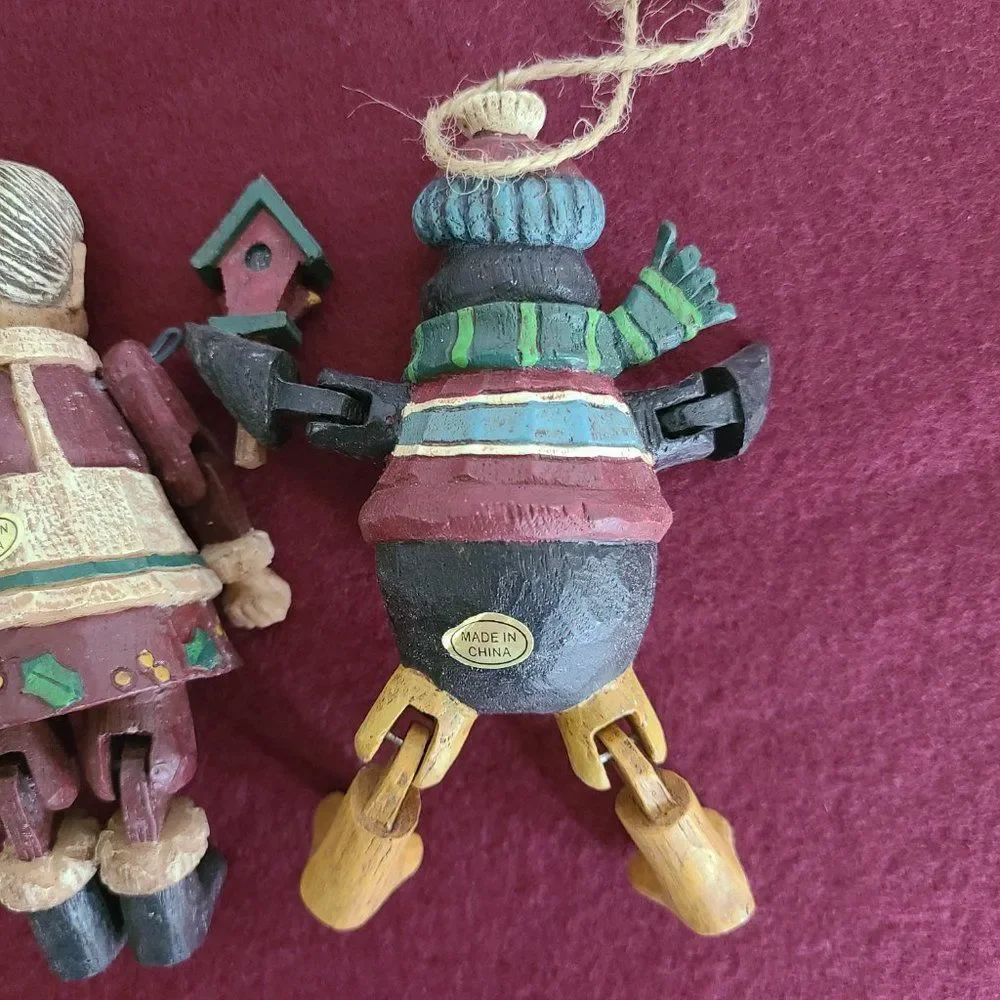 Vintage Country Christmas Jointed Resin Woodlook Ornaments Folk Art Rustic